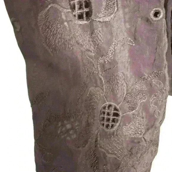 J. Jill Embroidered Button-Up Shirt Dress XL - Brown, Tie Waist, Scalloped Hem - Picture 3 of 7